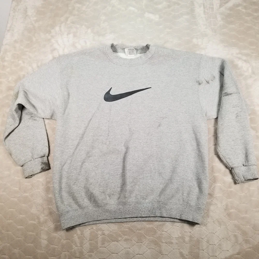 Rare VTG NIKE Big Swoosh Crewneck Sweatshirt 90s USA Made Sz Large STAINED‎ Look
